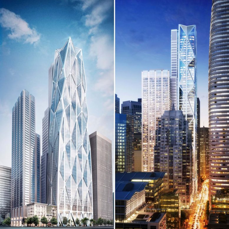 Oceanwide Center side view and frontal view, rendering of design by Foster and Partners