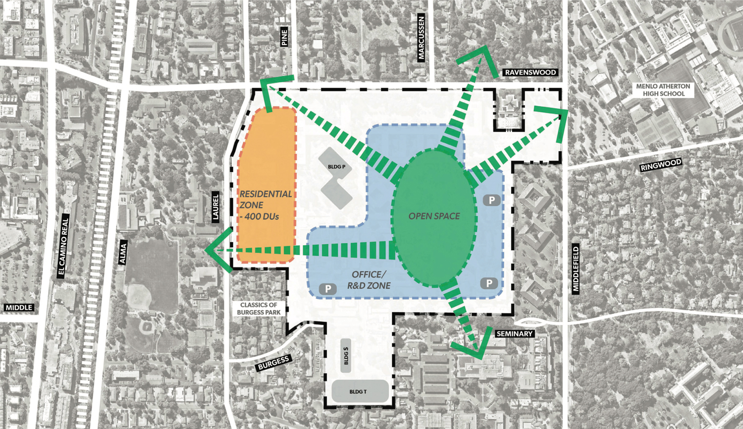 Parkline open space relative to the office and residential areas, the SRI International Campus redevelopment, illustration by STUDIOS Architecture