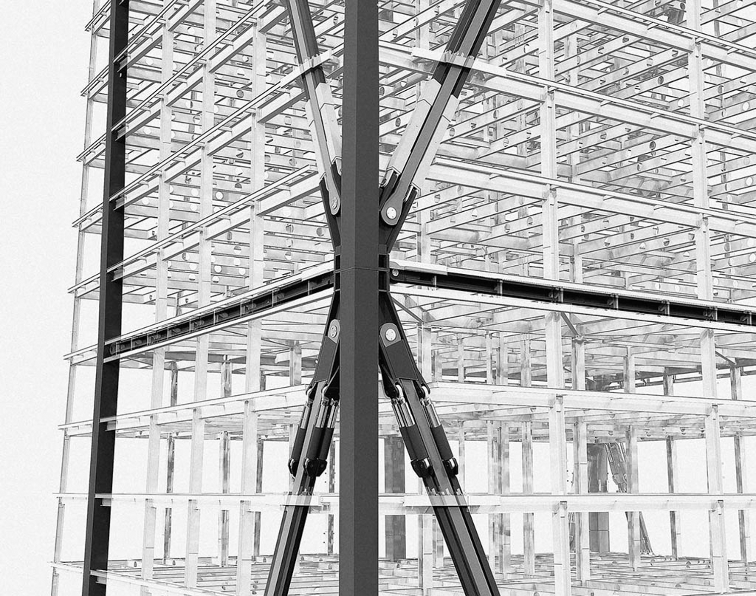 Skeletal illustration of the 181 Fremont Street steel structure, including the exterior steel beams which contribute to the distinct architectural design, image courtesy 181Fremont