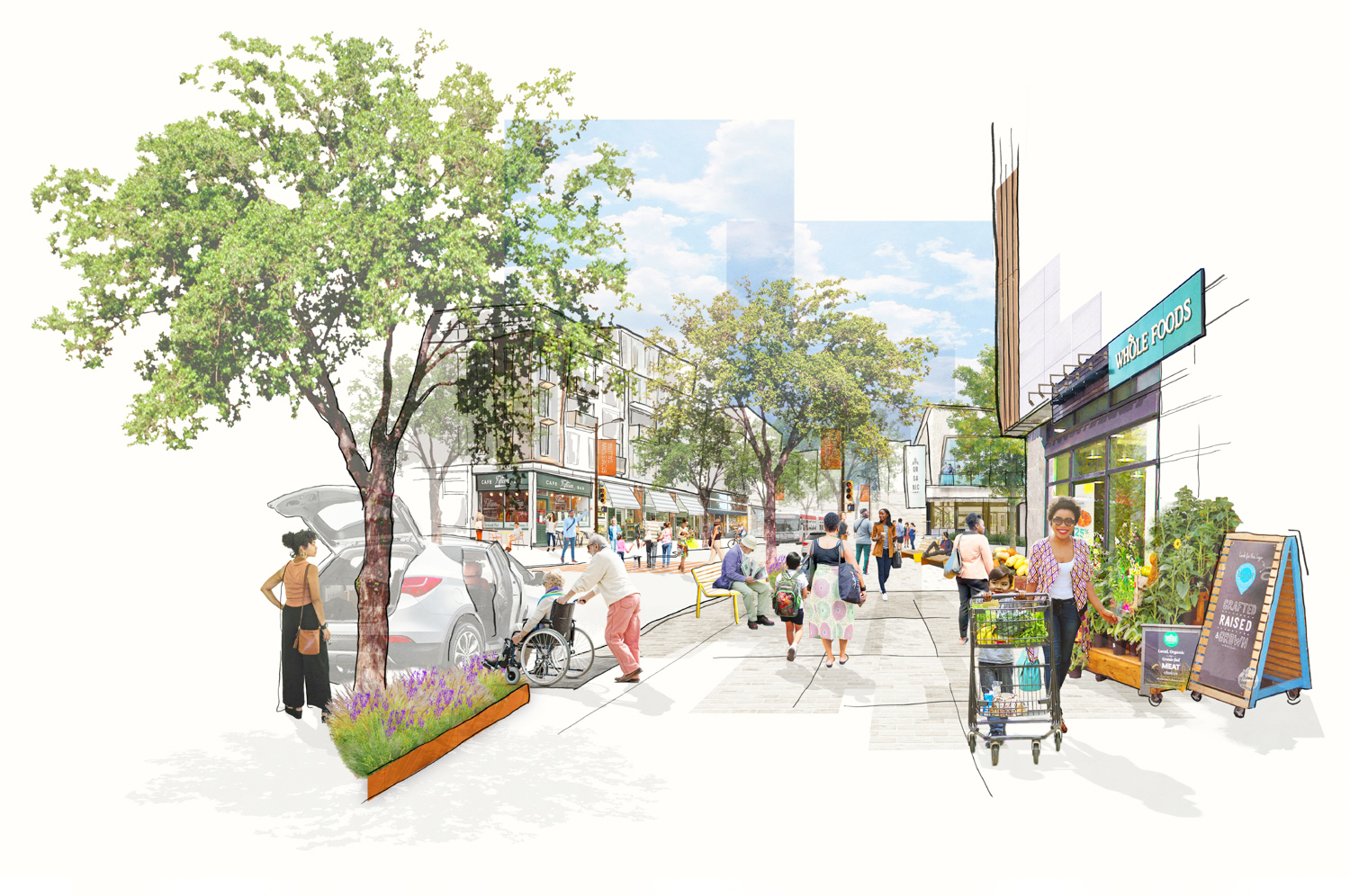 Stonestown Development street activity, illustration courtesy Brookfield