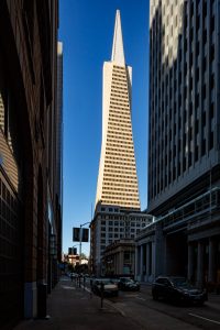 Transamerica Pyramid looking north up Montgomery Street, image by Andrew Campbell Nelson