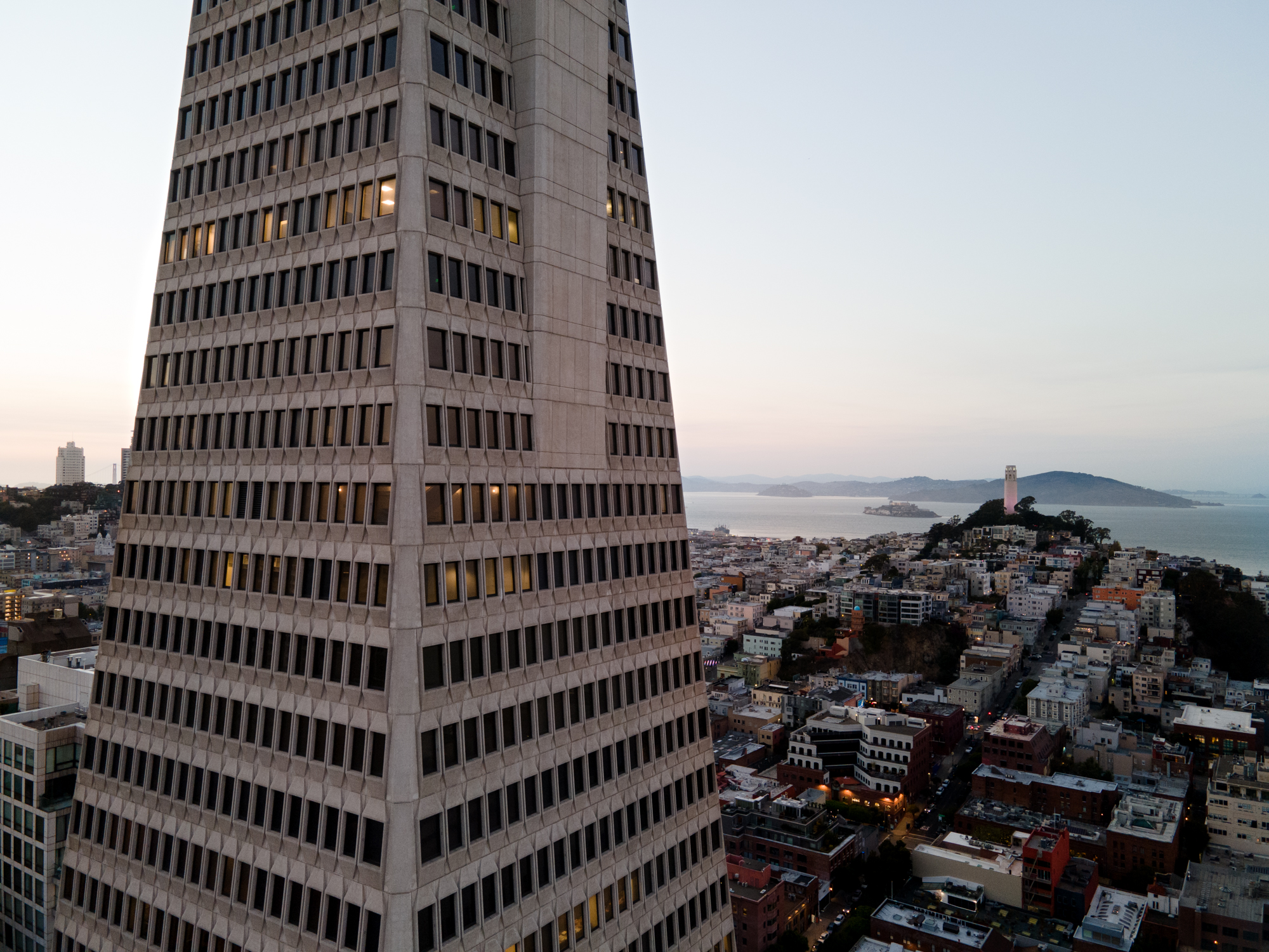 Transamerica Pyramid with the Golden Gate Bridge (left) Coit Tower (right) in the background