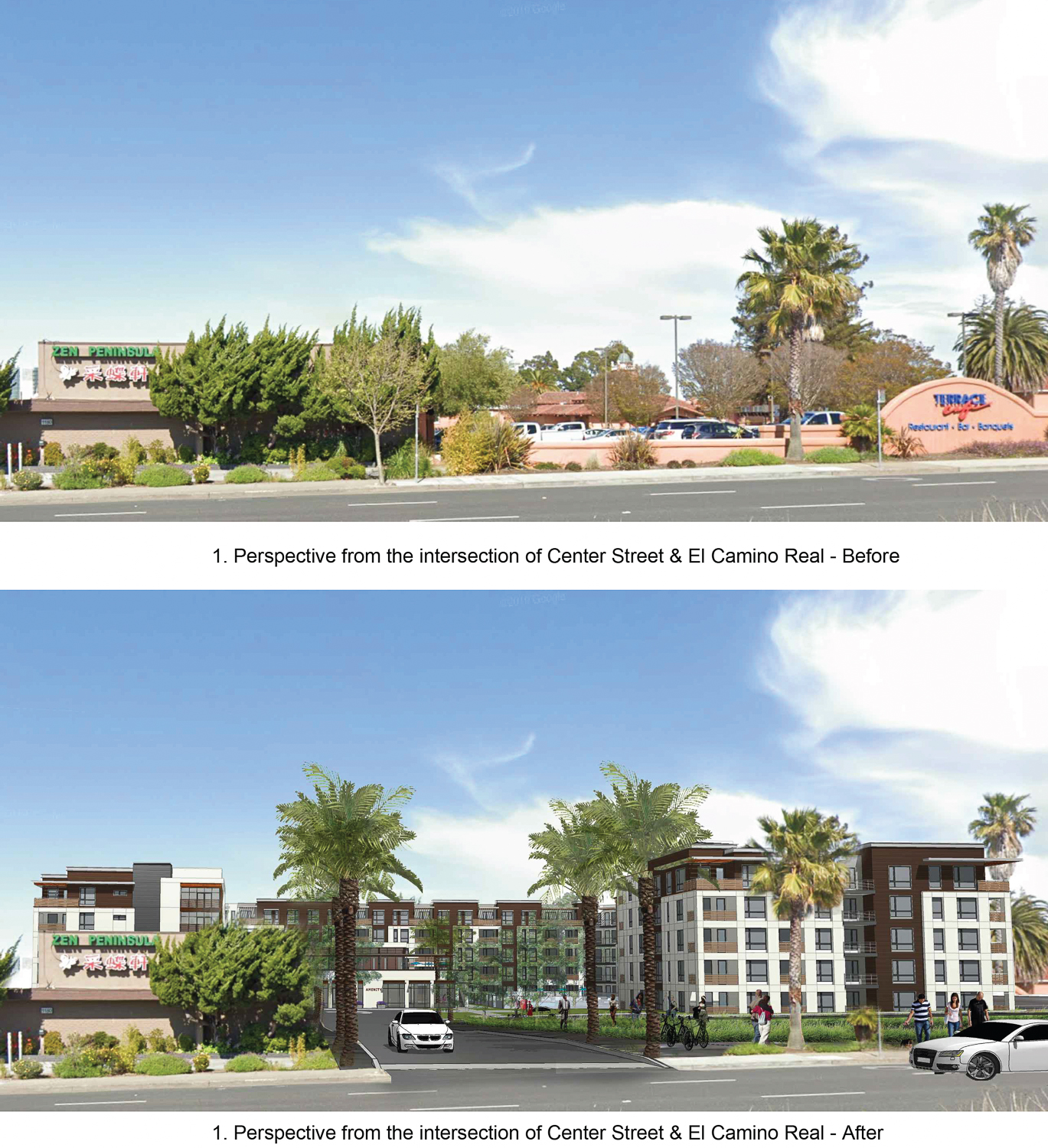 1100 El Camino Real existing condition verus proposed project, rendering by KTGY Group