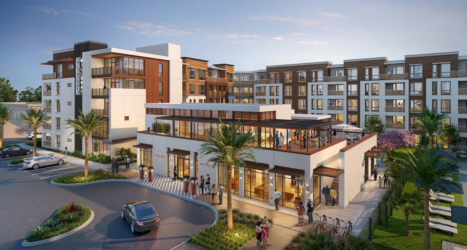 1100 El Camino Real view, focused on the amenity building, rendering by KTGY Group