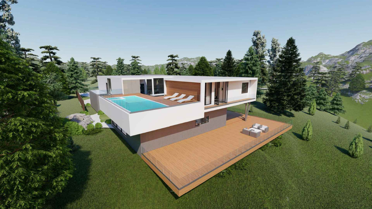 13193 Skyline Boulevard aerial perspective of the rear deck, rendering by Ben Tarcher Architects
