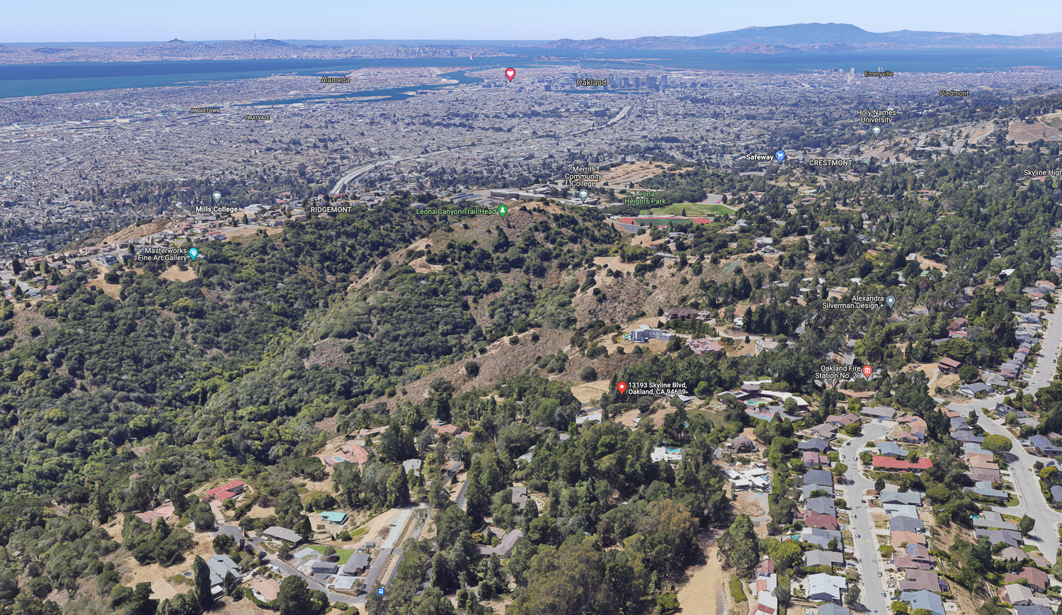 13193 Skyline Boulevard, aerial view with the Bay Area in the background, image via Google Satellite