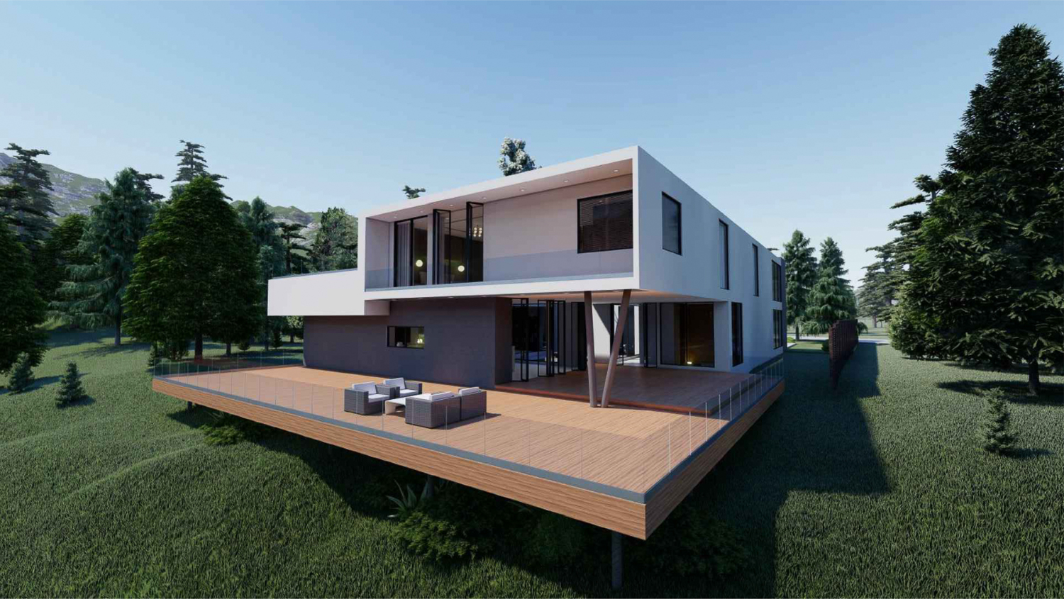 13193 Skyline Boulevard dynamic view of the deck and second-level terrace, rendering by Ben Tarcher Architects