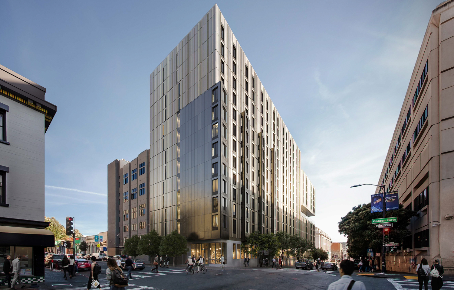 198 McAllister Street Academic Village from across Turk Street, rendering courtesy UC Hastings Law, architecture by Perkins&Will
