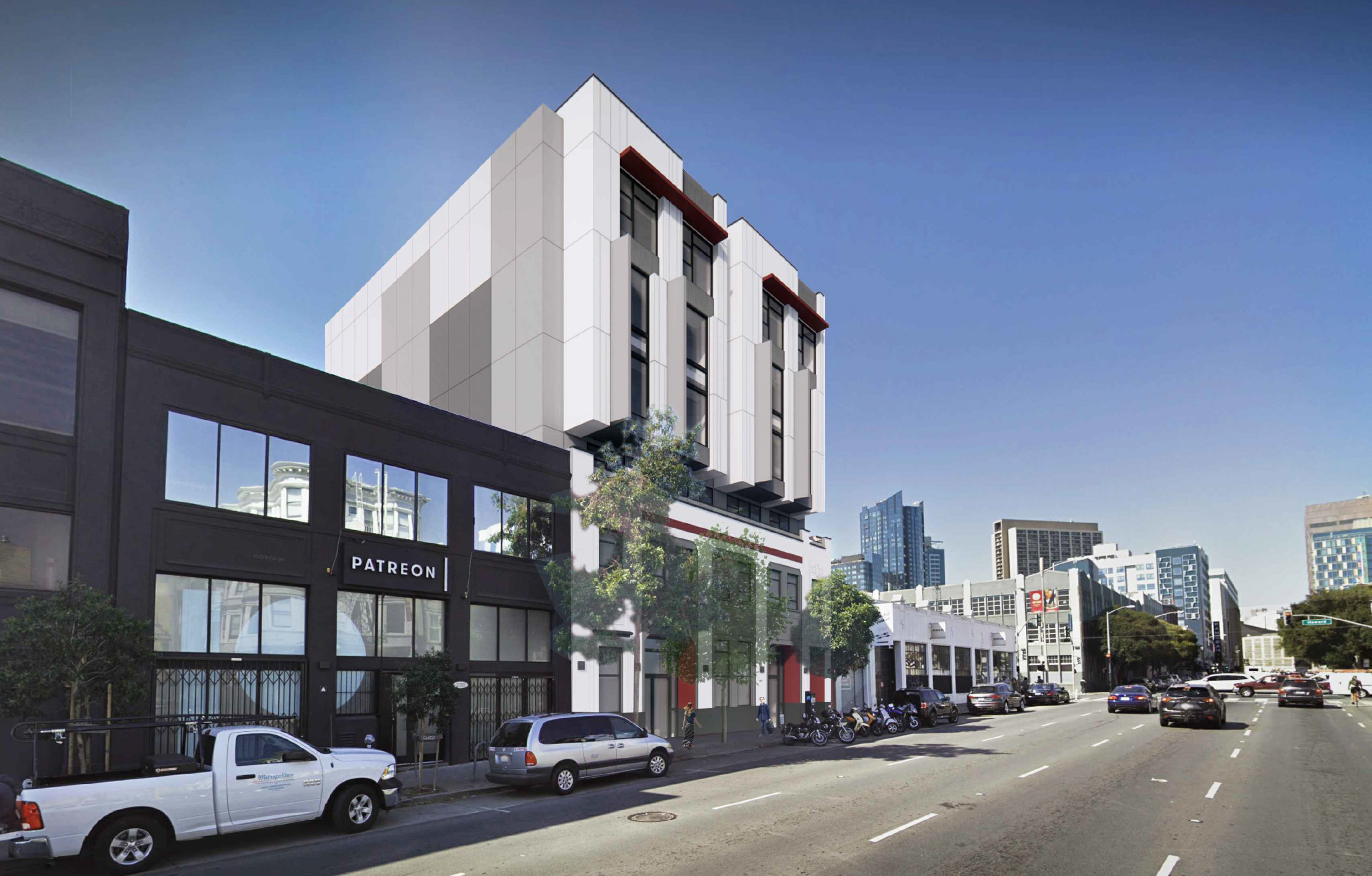 220 9th Street exterior view with Market Street-area towers visible in the background, rendering by Levy Design Partners