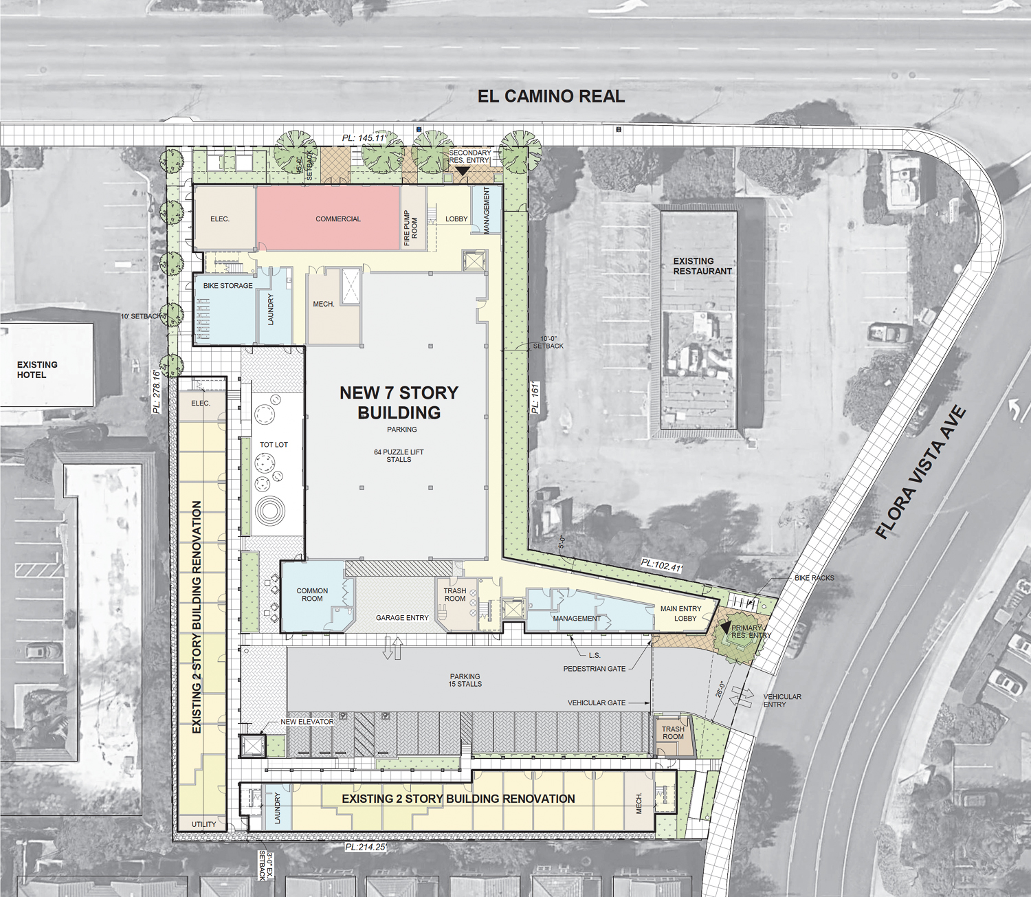 3550 El Camino Real site map showing the new and existing building side-by-side, rendering by VMWP