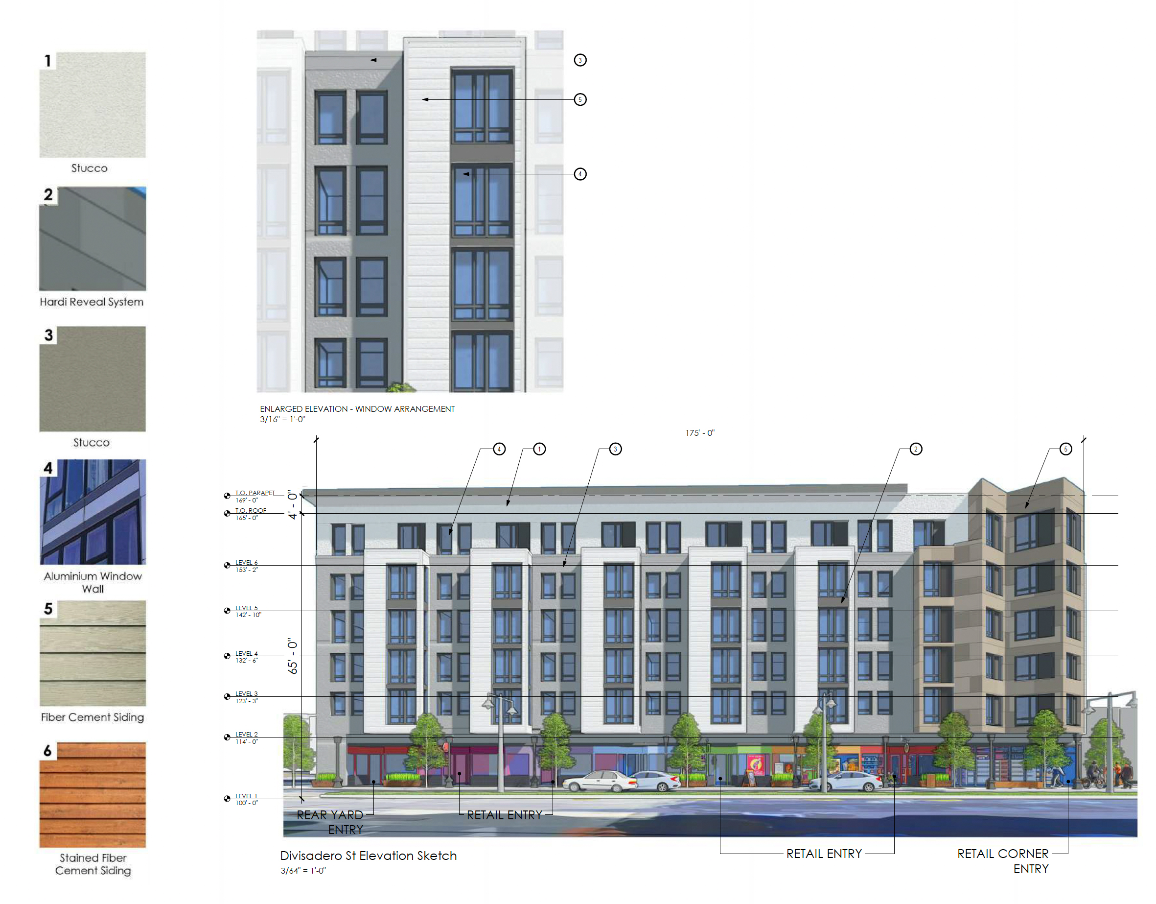 400 Divisadero Street facade materials and elevation, rendering by BDE Architecture