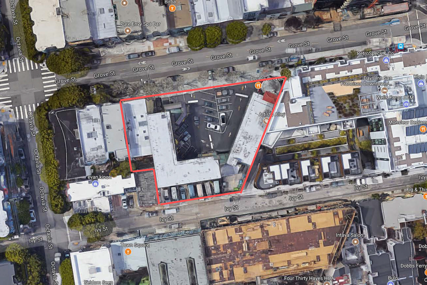 465 Grove Street project site outlined, image via Google Satellite and NC2 Studio Architects