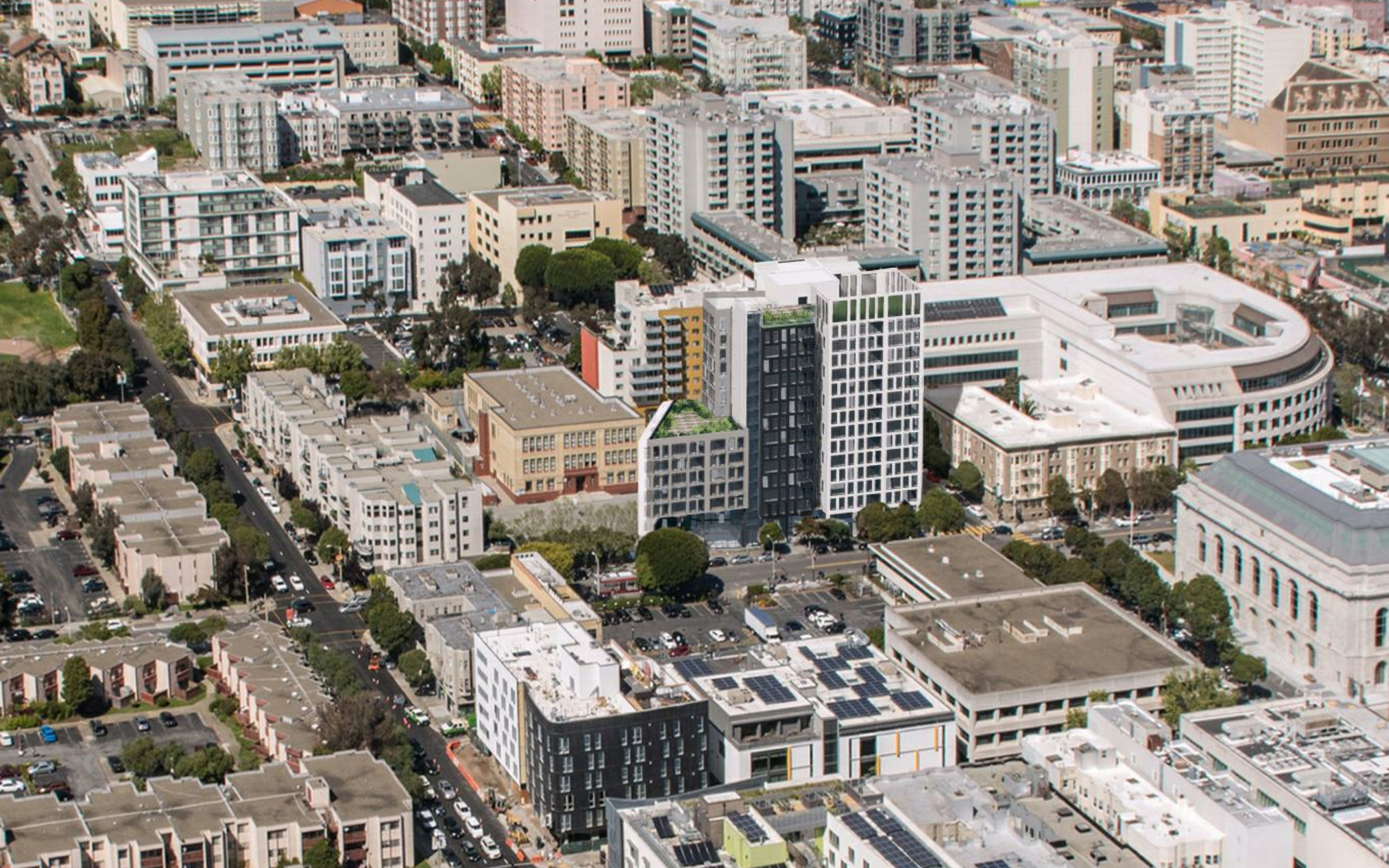 600 McAllister Street aerial perspective, rendering by David Baker Architects