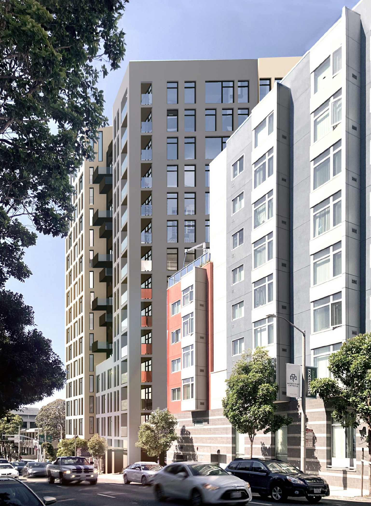 600 McAllister Street from Franklin looking south, rendering by David Baker Architects