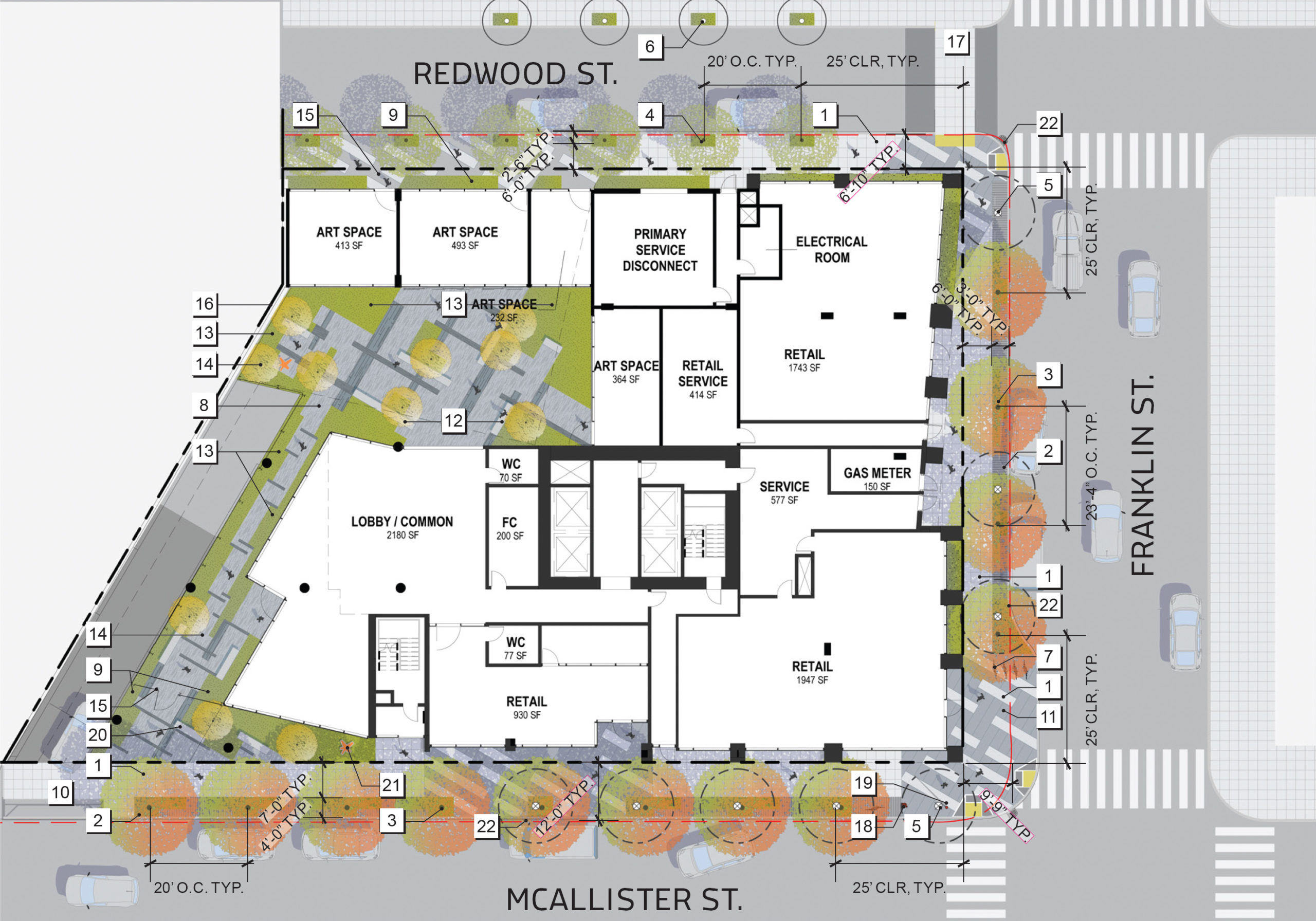 600 McAllister Street landscaping map, illustration by David Baker Architects