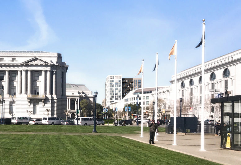 600 McAllister Street view from City Hall's Civic Center Plaza, rendering by David Baker Architects
