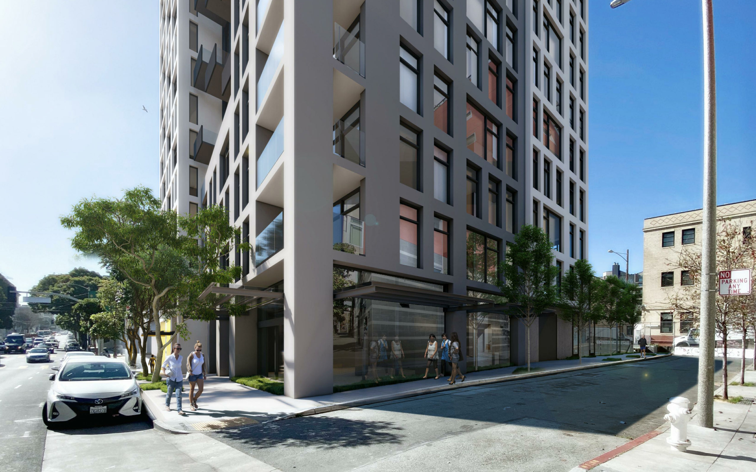 600 McAllister Street viewed from Franklin and Redwood, rendering by David Baker Architects