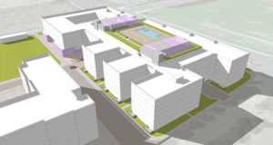 6201 Bollinger Canyon aerial view from the southeast, massing by MVE + Partners