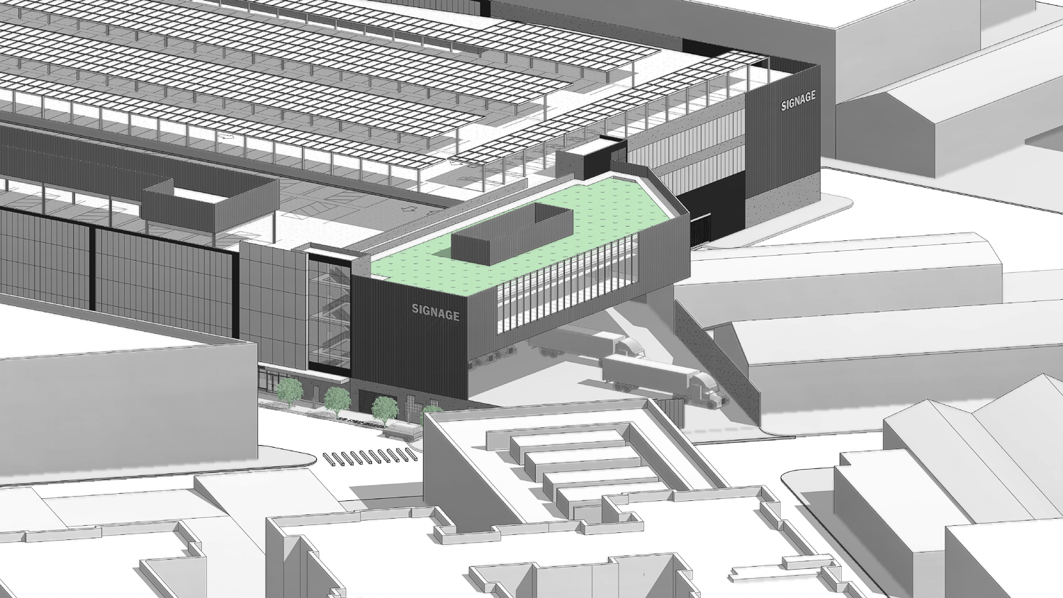 900 7th Street closeup of the truck loading area, rendering by MG2