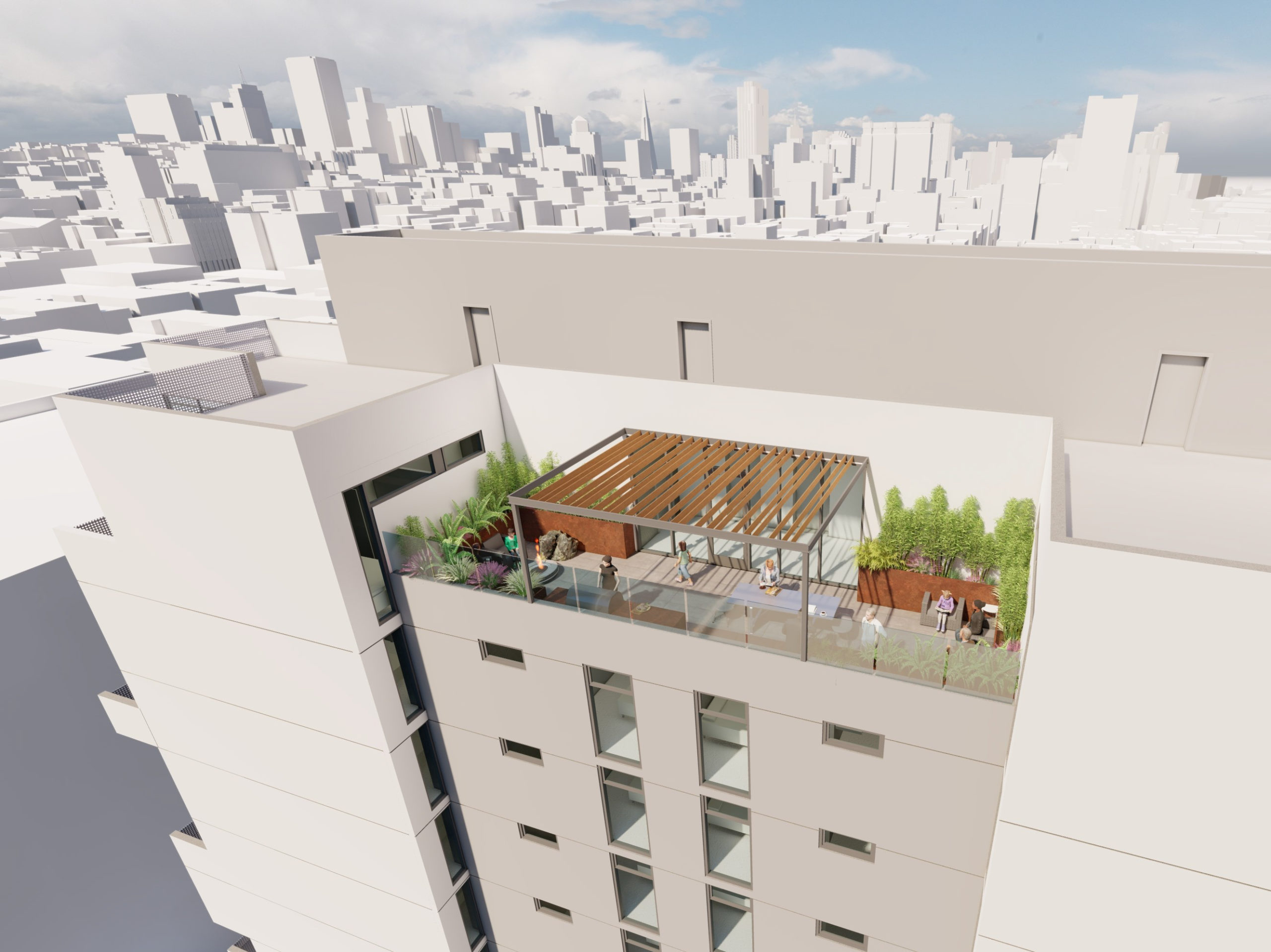 921 O'Farrell Street roof deck aerial view, rendering courtesy David Baker Architects
