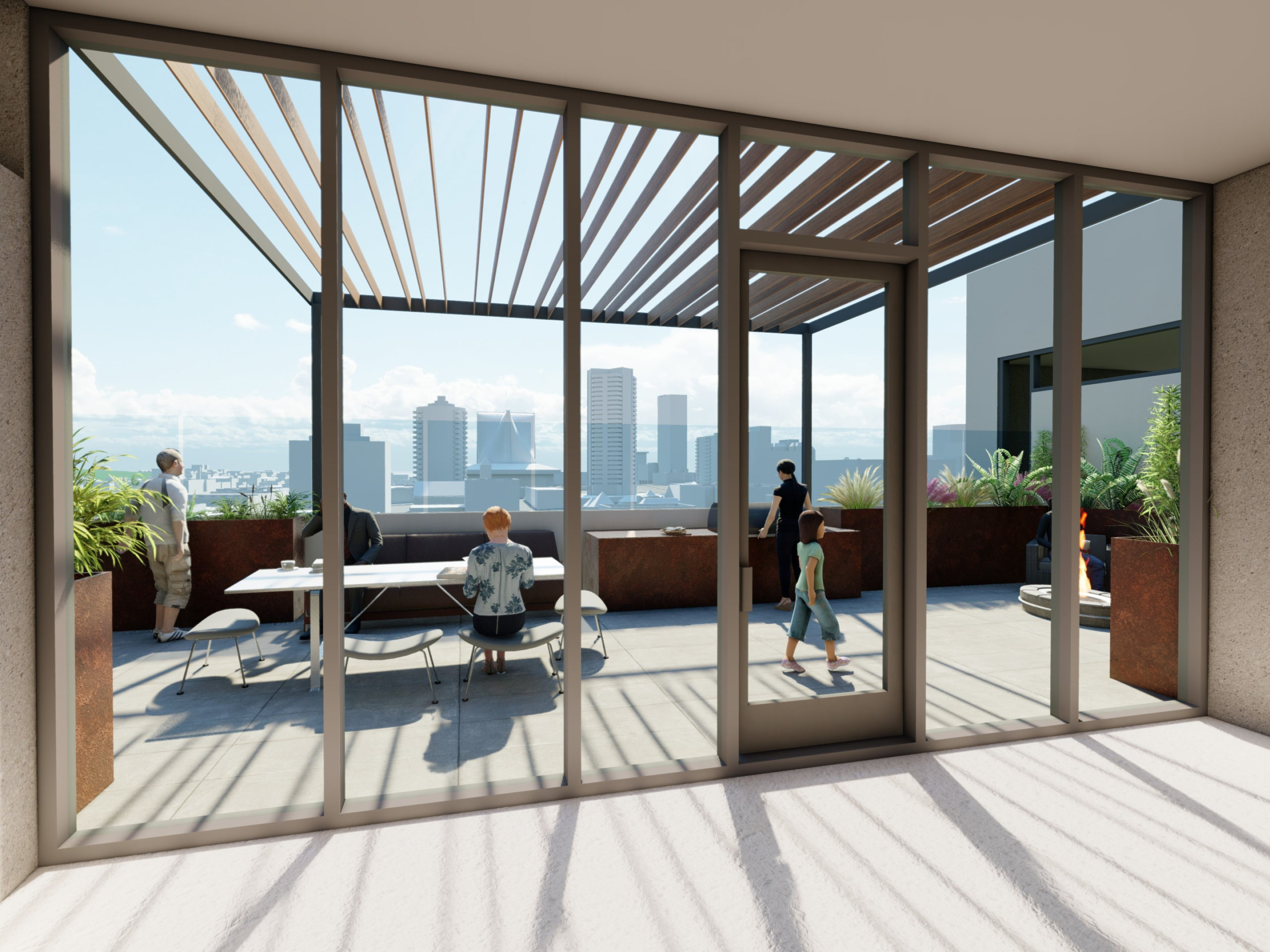 921 O'Farrell Street roof deck amenity space with views over Cathedral Hill, rendering courtesy David Baker Architects
