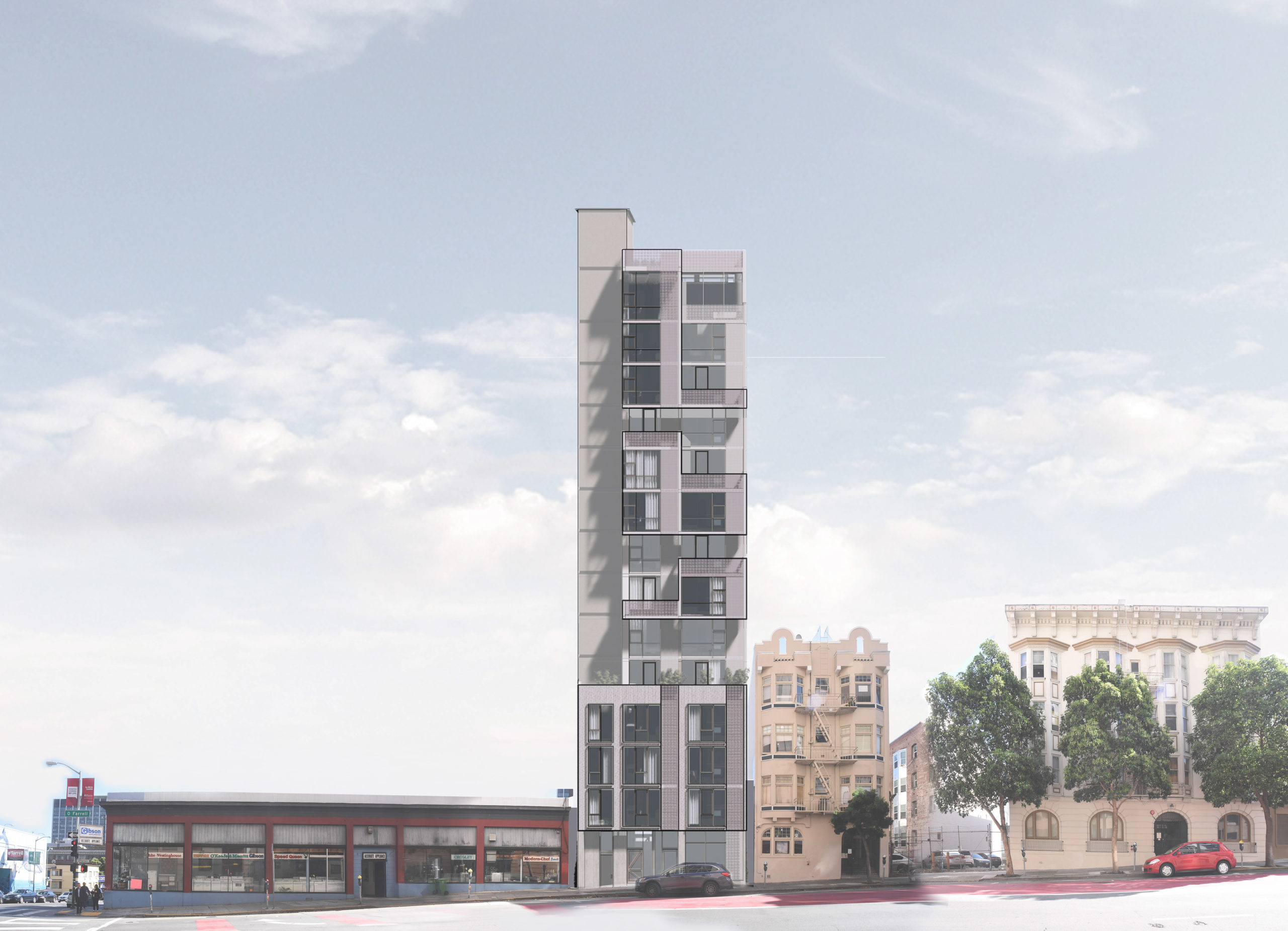 921 O'Farrell Street vertical elevation, rendering courtesy David Baker Architects