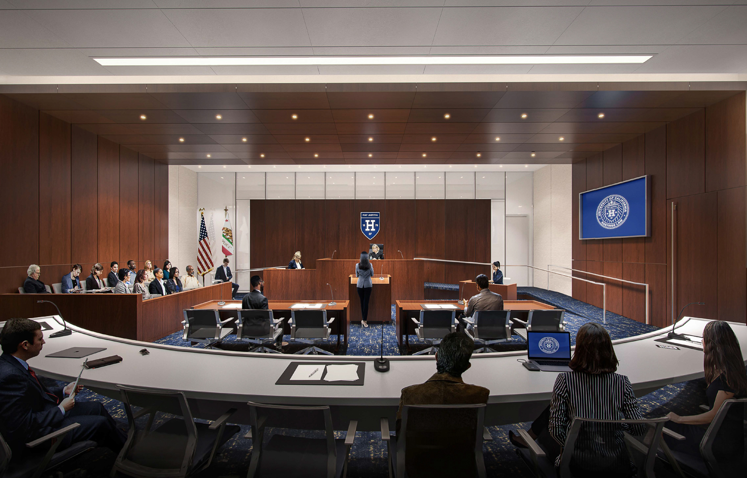 Academic Village specter courtroom, rendering courtesy UC Hastings Law, architecture by Perkins&Will