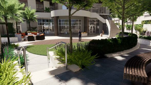 Indigo Hotel main courtyard, image courtesy RYS Architects and KLA Landscape Architects