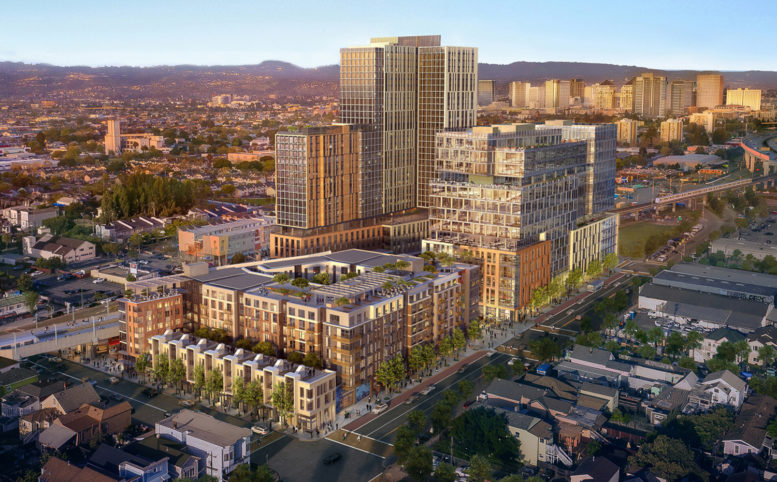 Mandela Station aerial view with Downtown Oakland in the background, rendering by JRDV Urban International