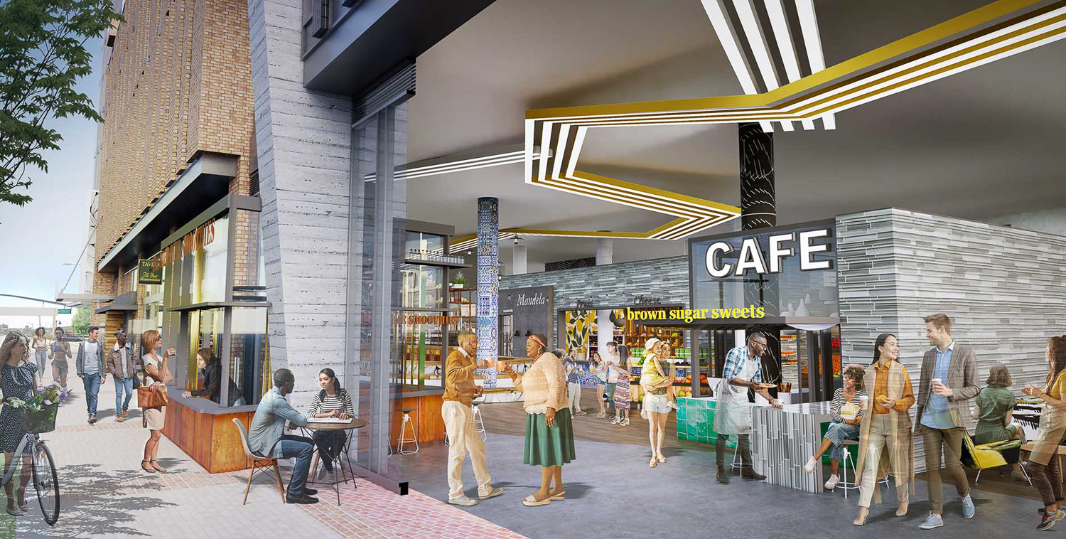 Mandela Station market cafe along 7th Street, rendering by JRDV Urban International