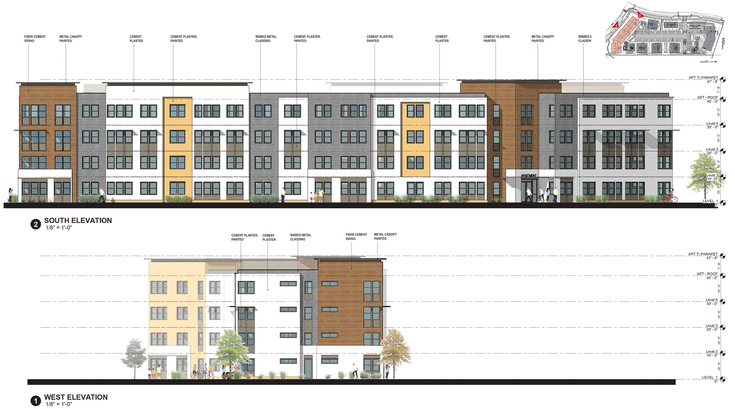 Mirasol Village Block D facade elevation for the apartment building, rendering by SVA Architects
