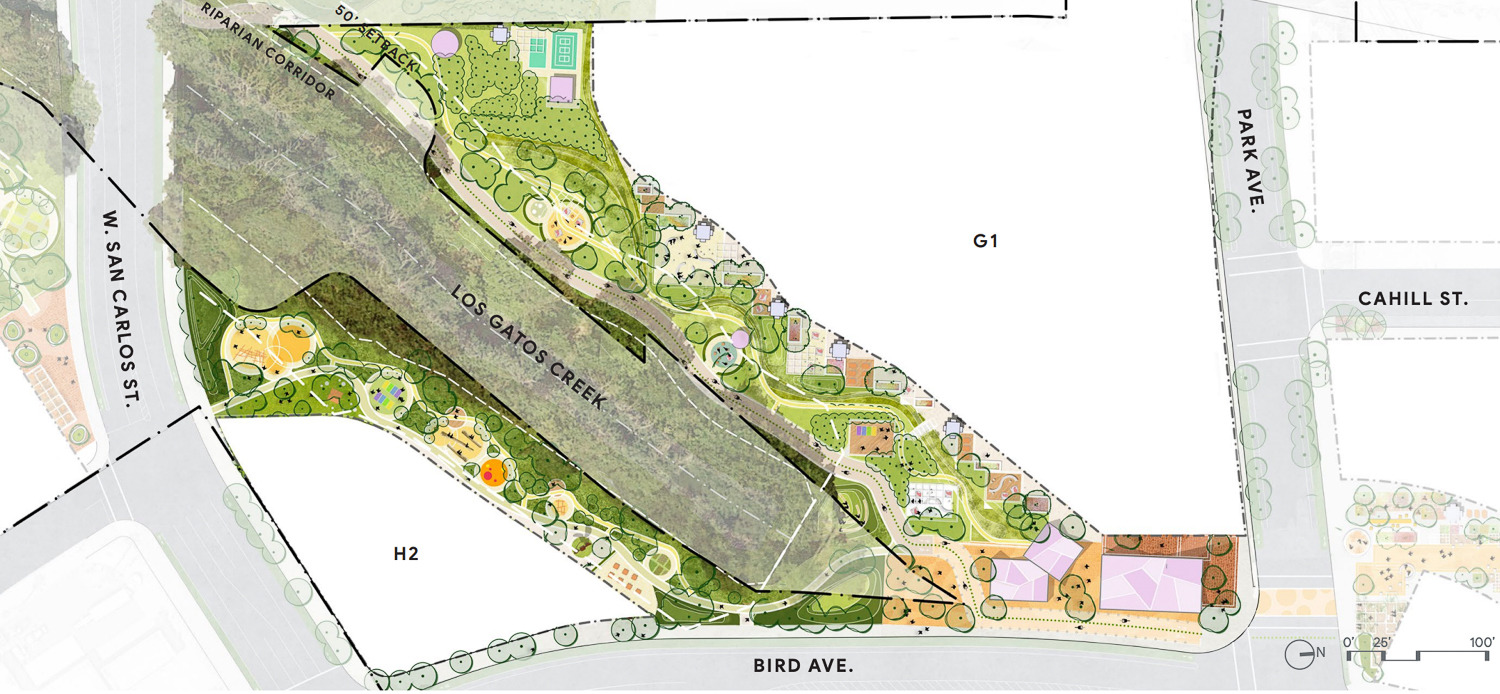 Parcels G1, H2 and Los Gatos Creek landscaping, image via the Downtown West Design Standards Guidelines