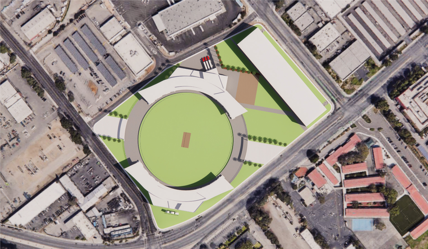 Santa Clara Cricket Stadium birds-eye view, rendering by HKS courtesy Major League Cricket