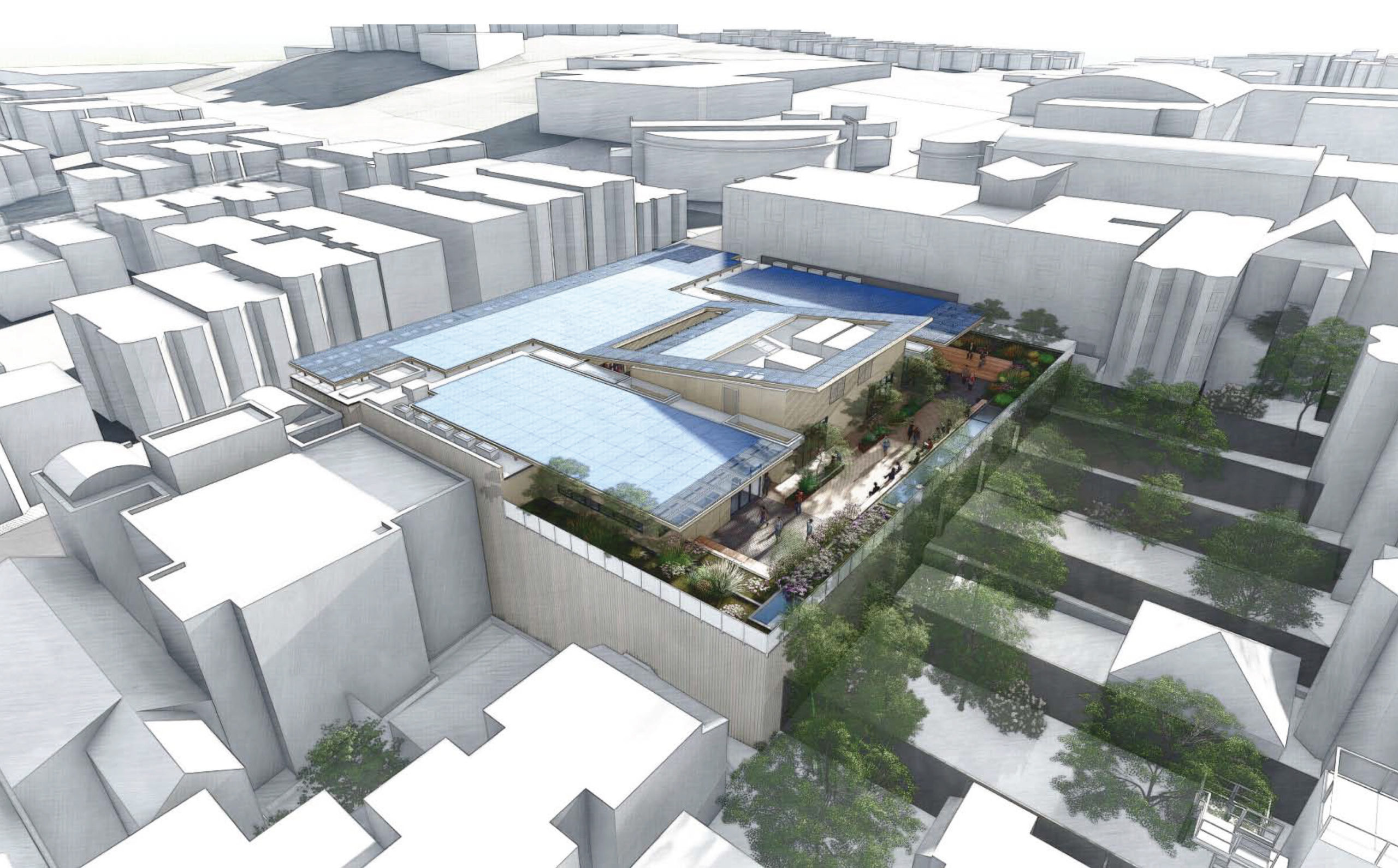 University High School at 3150 California Street aerial perspective, rendering by Leddy Maytum Stacy Architects