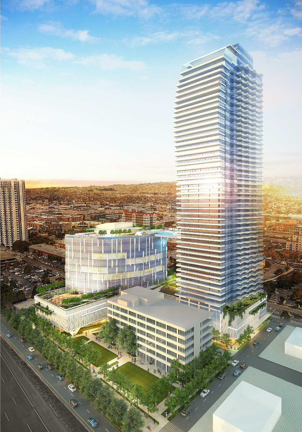 Withdrawn plans, 5801-5861 Christie Avenue tower aerial view, rendering by IBI Group