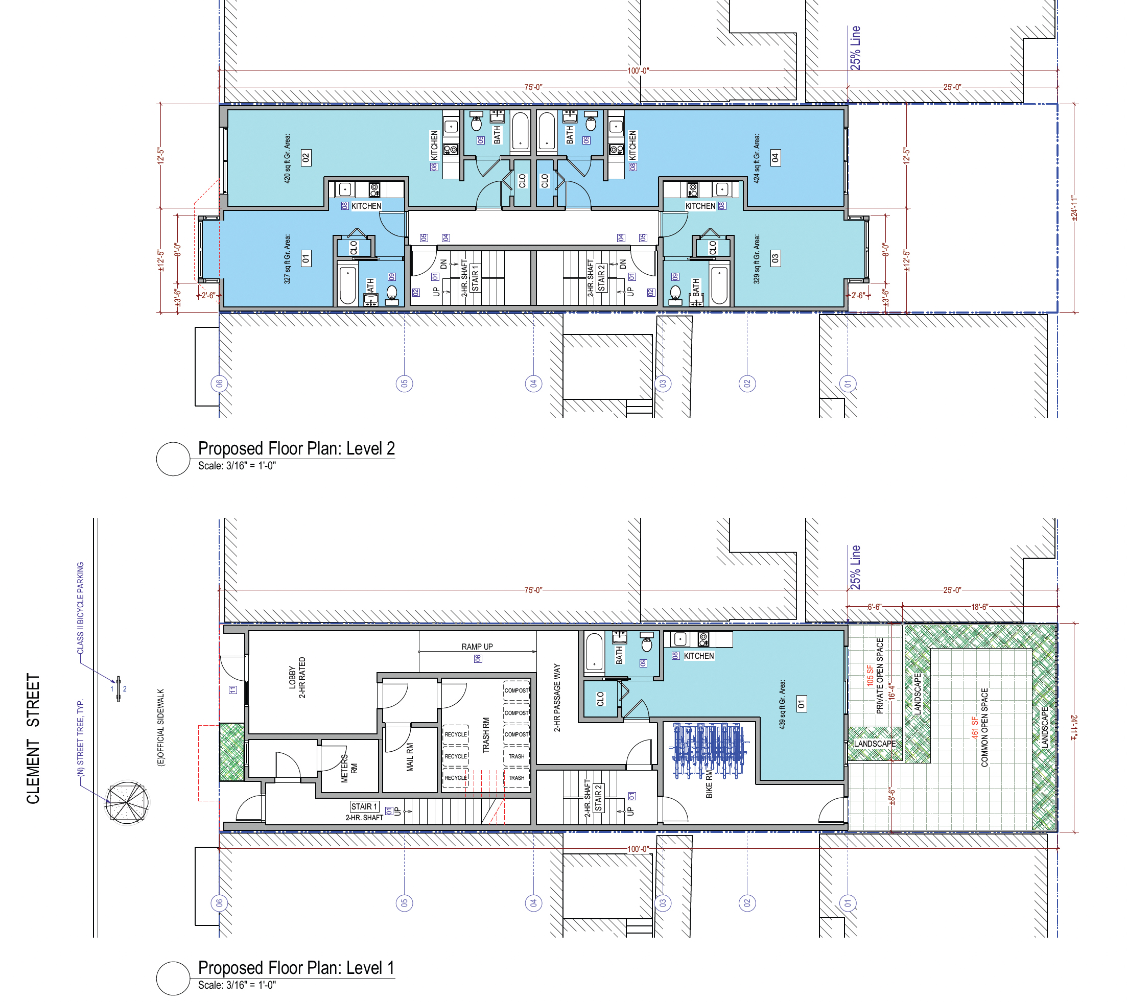 2420-2424 Clement Street floor plans for the first and second levels, illustration by SIA Consulting