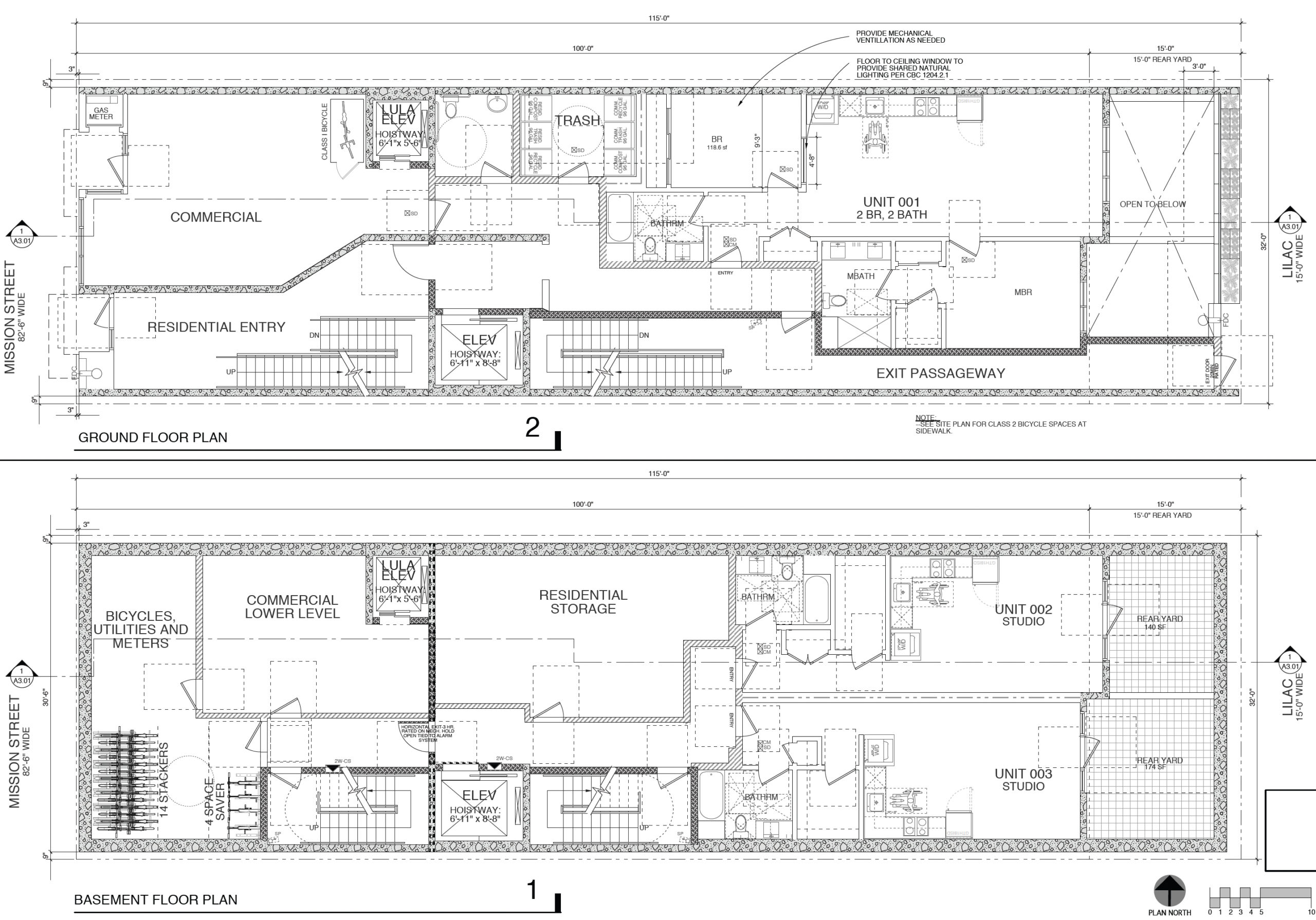 2955 Mission Street ground and basement-level floor plans, illustration by Sternberg Benjamin Architects