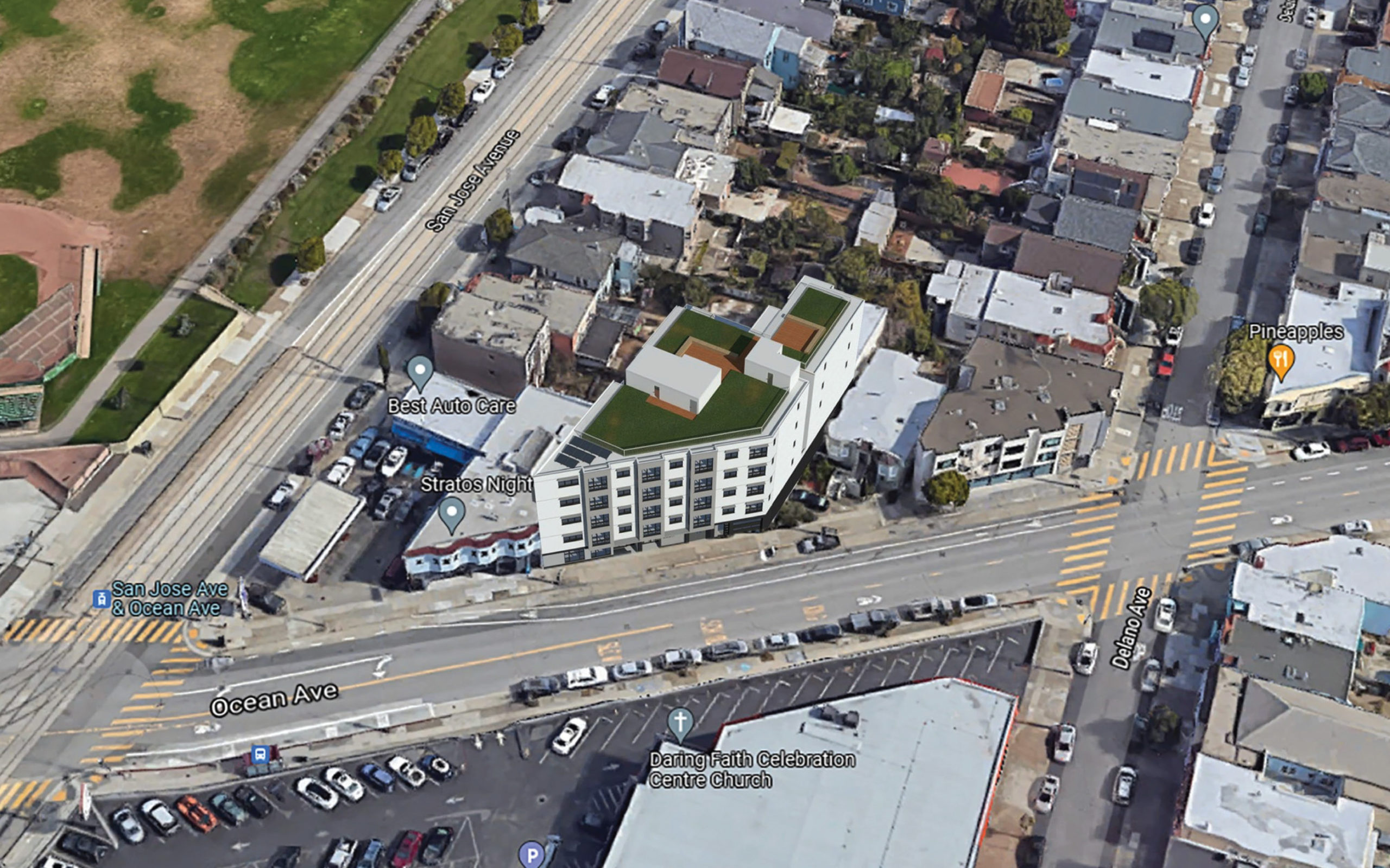 Aerial view of 350 Ocean Avenue, rendering by Schaub Li Architects