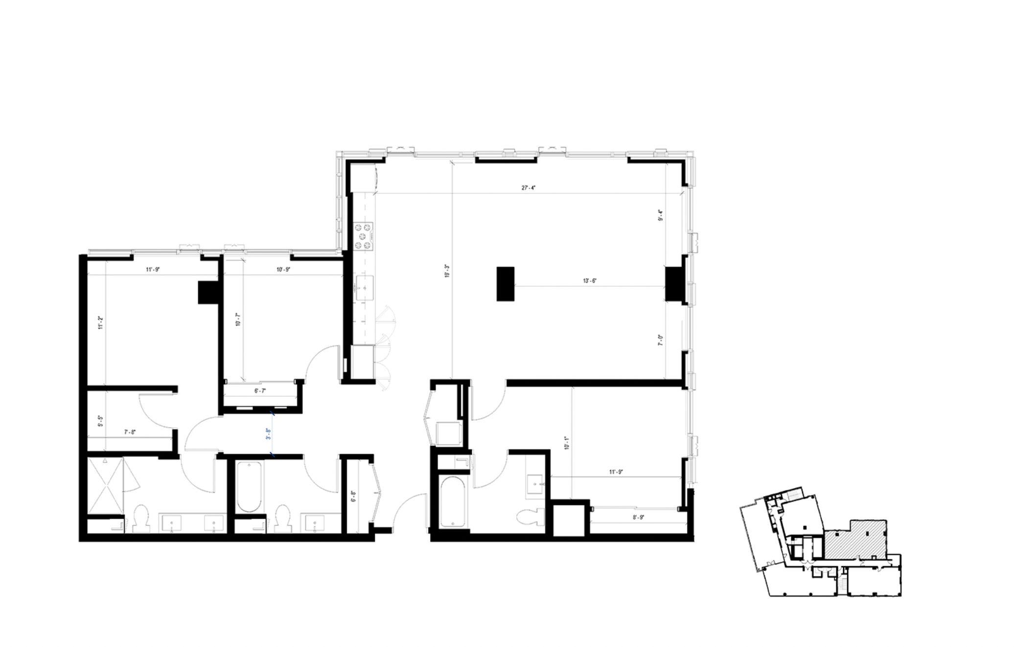 Forma unit 23-07 floor plan, a three-bedroom penthouse near the top floor, courtesy Holland Residential