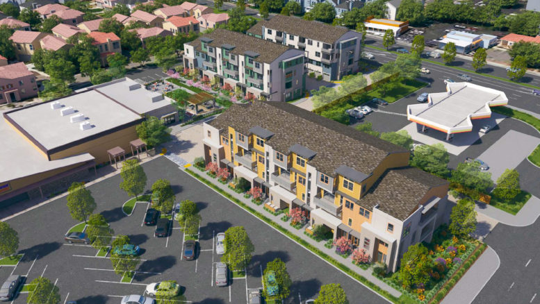 Fremont Corners Two townhomes aerial view, rendering by Robert Becker of SDG Architects design