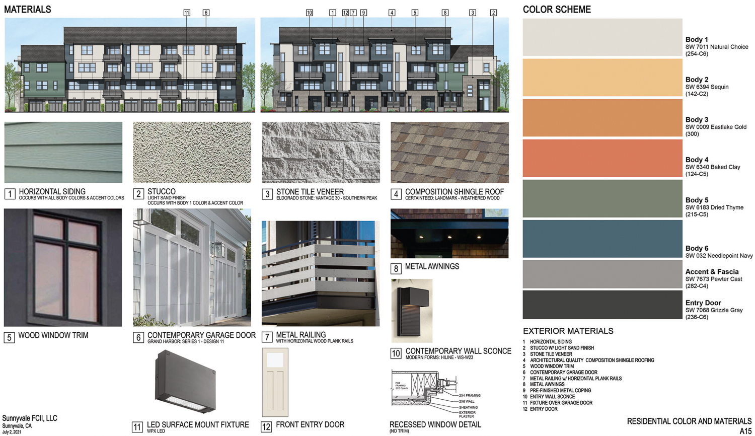 Fremont Corners Two townhomes facade design breakdown, rendering by SDG Architects