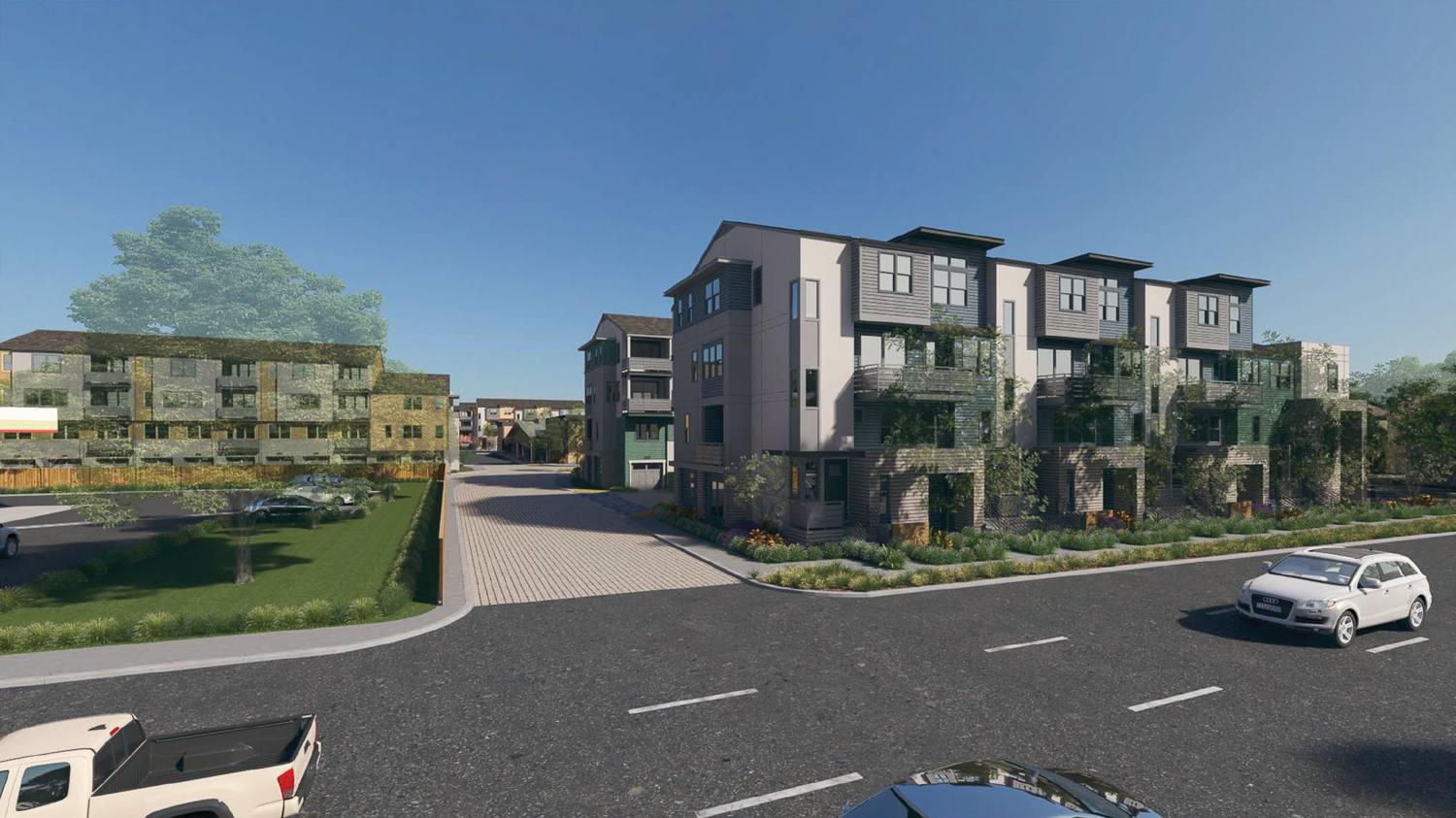 Fremont Corners Two townhomes viewed from East Fremont Avenue, rendering by SDG Architects