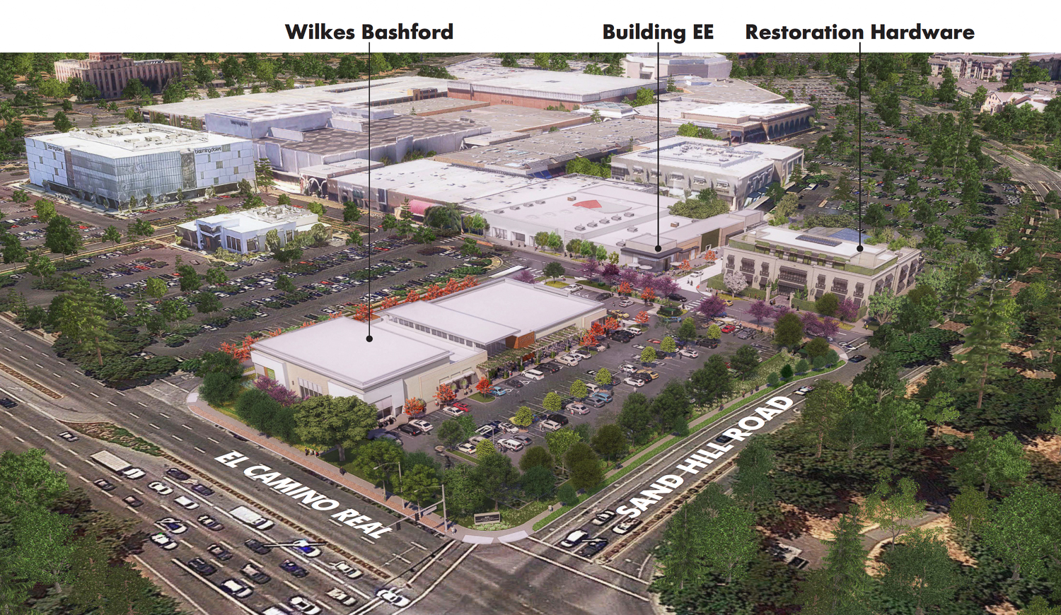 Redevelopment of the Macy's Men's shop and parking lot in the Stanford Shopping Center, rendering by GH+A design Studios