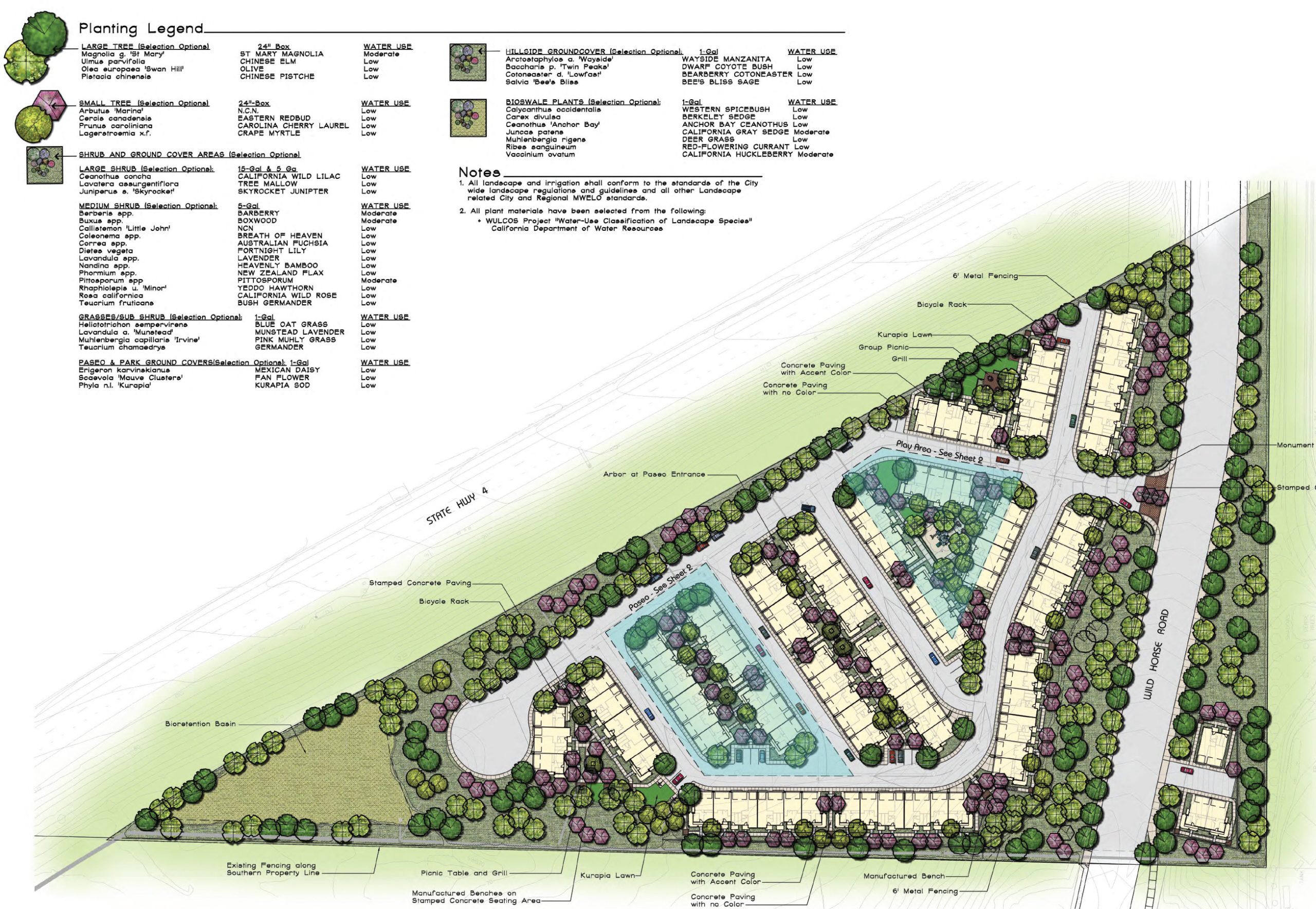 Wild Horse Multifamily landscaping map, design by HWA Landscape Architects
