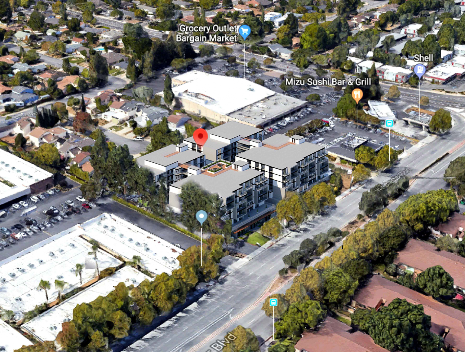 1065 South Winchester Boulevard next to 1073-1087 South Winchester seen from above, rendering by Carpira Design Group