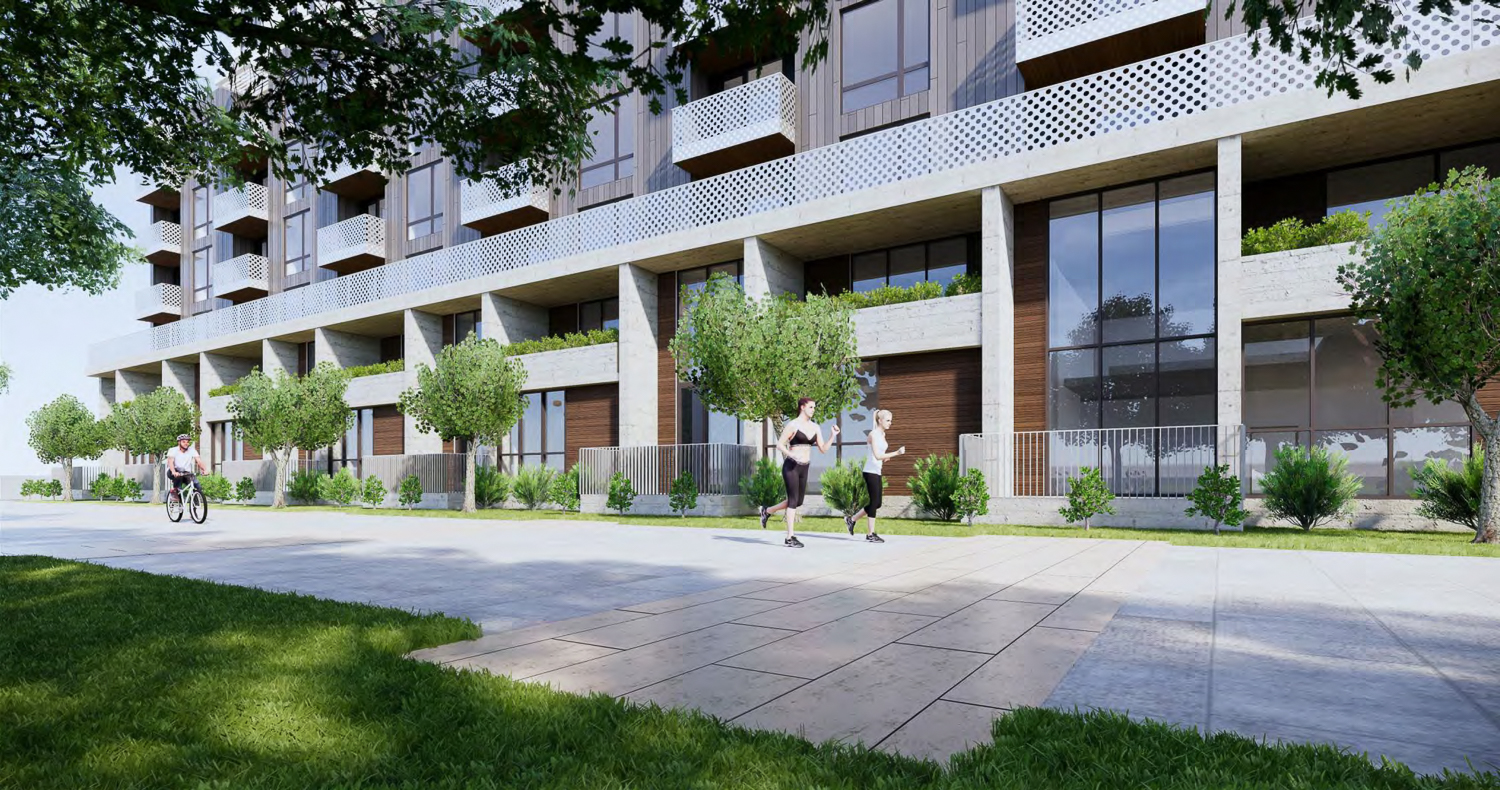 1330 South Bascom Avenue townhomes looking out onto the public space, rendering by WRNS Studio