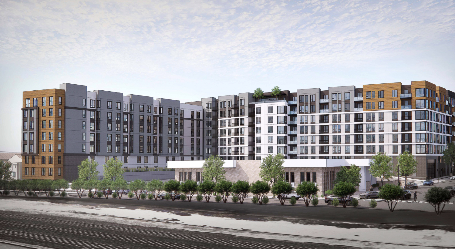 1766 El Camino Real seen from across the Caltrain tracks, rendering by TCA Architects