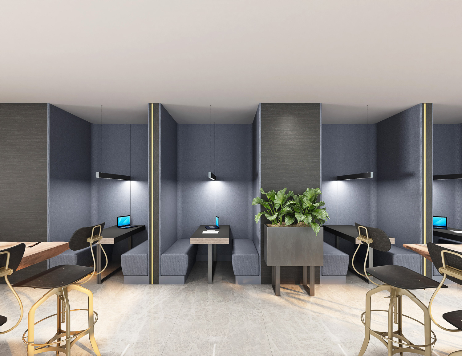 1900 Broadway 4th floor co-working lounge, image courtesy Behring Co, rendering by Elizabeth Premazzi