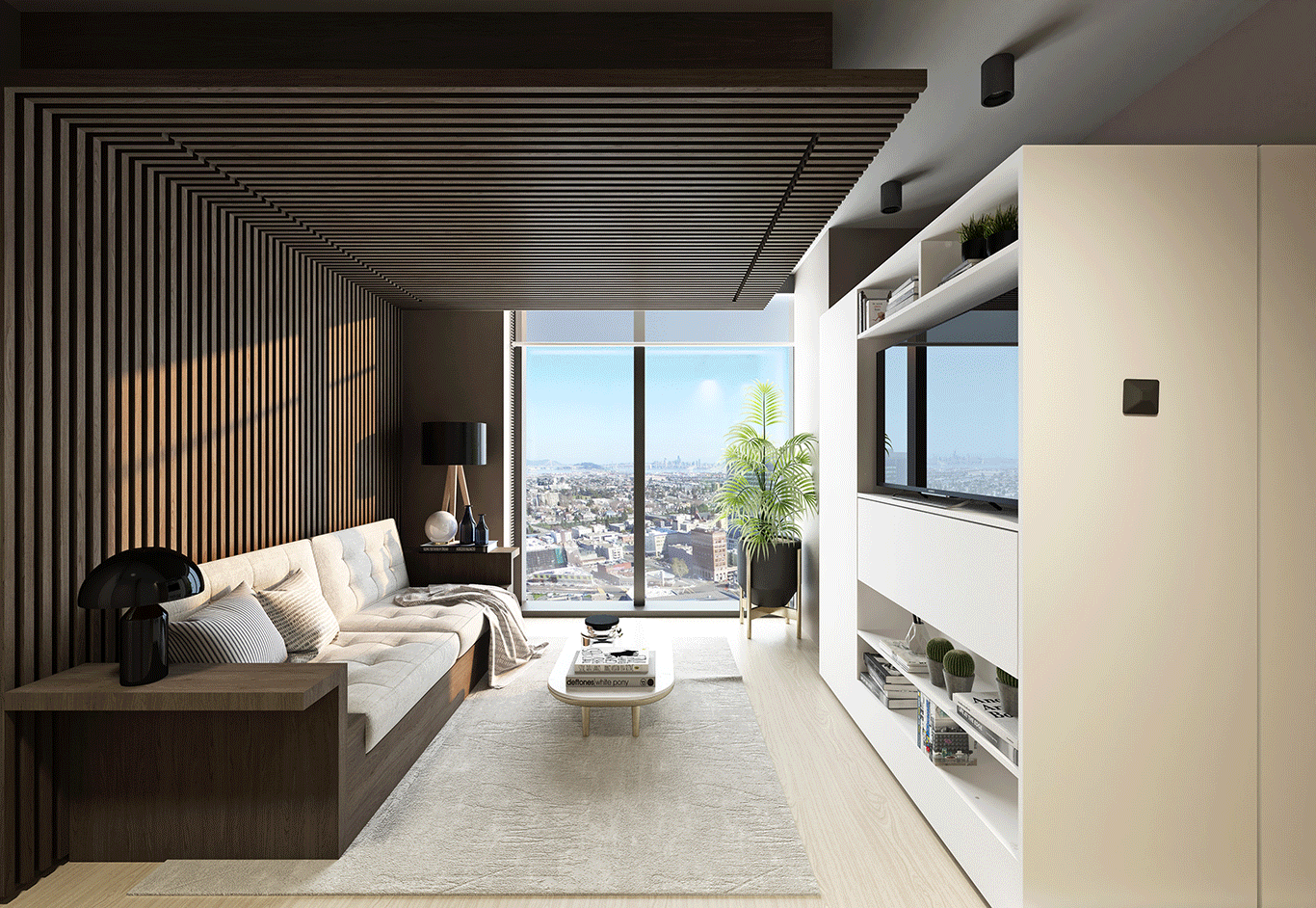 1900 Broadway residential interior with space-efficient furniture package, GIF courtesy Behring Co, rendering by Elizabeth Premazzi