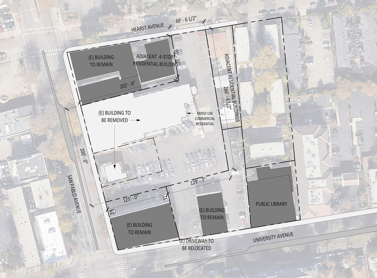 1931-1941 San Pablo Avenue site map with the two buildings to be demolished labeled, massing by Lowney Architects
